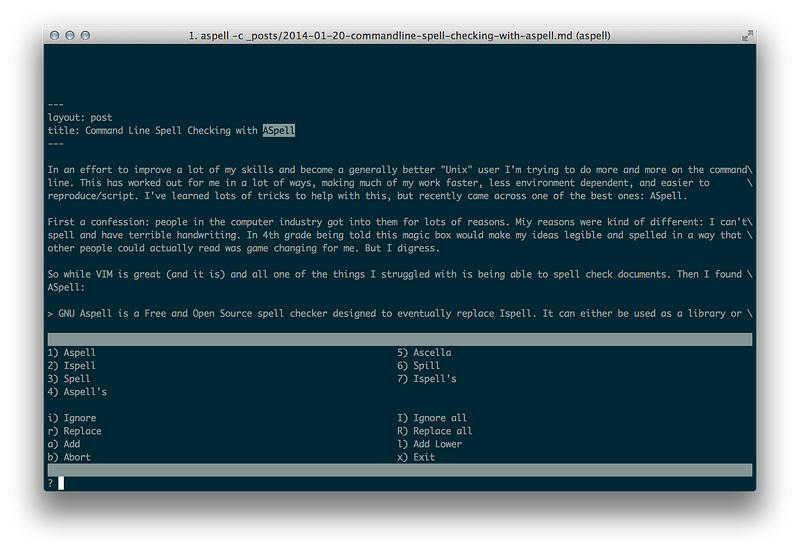 Aspell spell checker text interface showing word suggestions