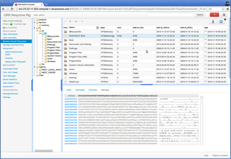 Google Rapid Response GRR interface for remote live forensics