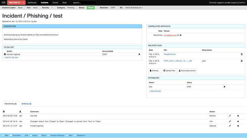 FIR incident tracking dashboard for managing security events