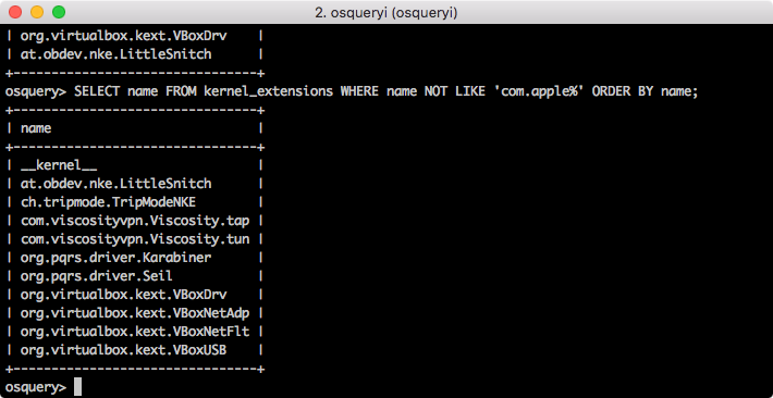 osquery results sorted alphabetically showing third-party kernel extensions