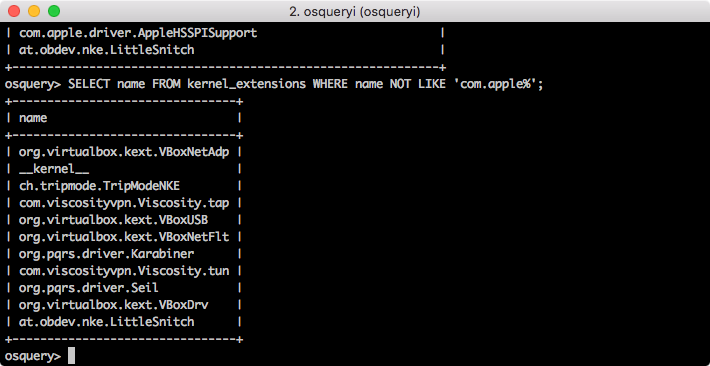 osquery results filtered to non-Apple kernel extensions