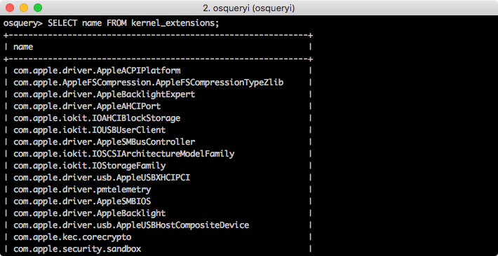 osquery results showing all kernel extensions on macOS